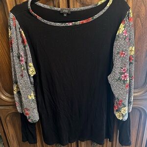 Storm Black Top with Floral Patterned Sleeves